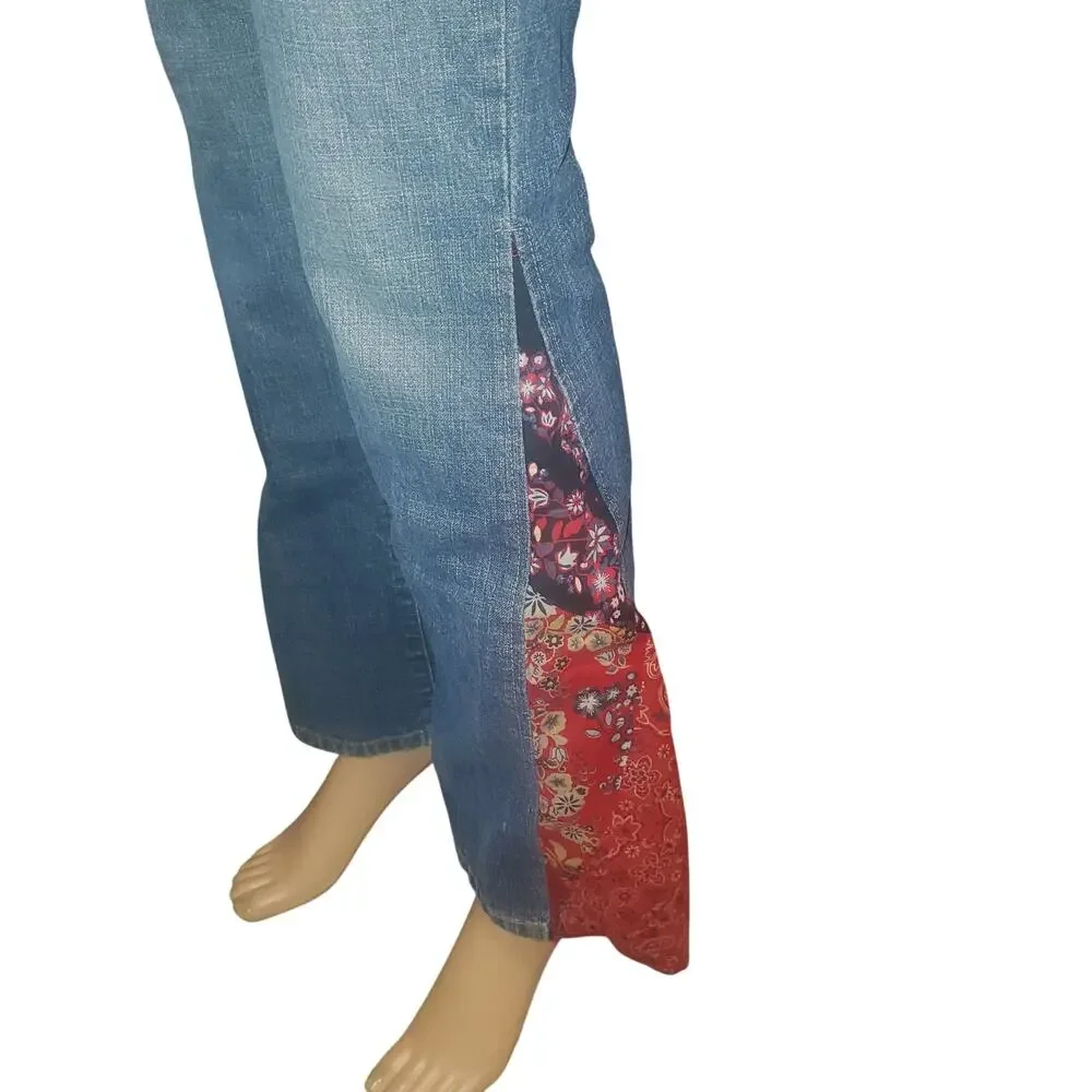 Vintage DKNY Size 1 (28x31) Boho Patchwork Low Rise Flare Jean Y2K Festival Boho